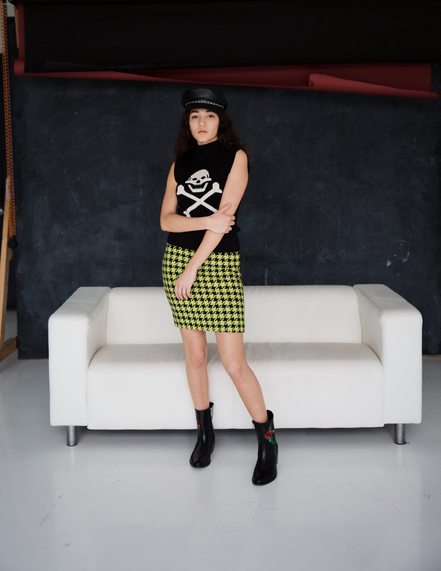 1980s ESCADA LIME HOUNDSTOOTH TWEED SKIRT