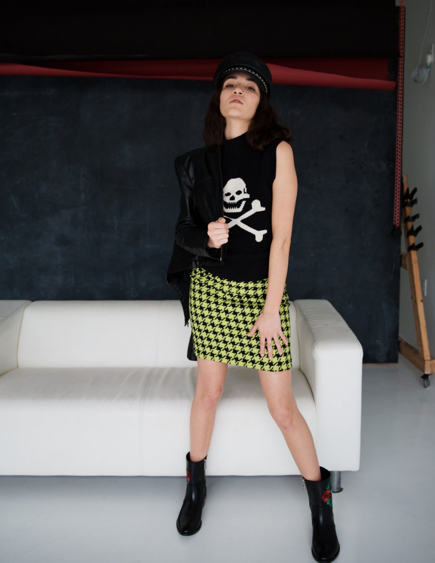 1980s ESCADA LIME HOUNDSTOOTH TWEED SKIRT