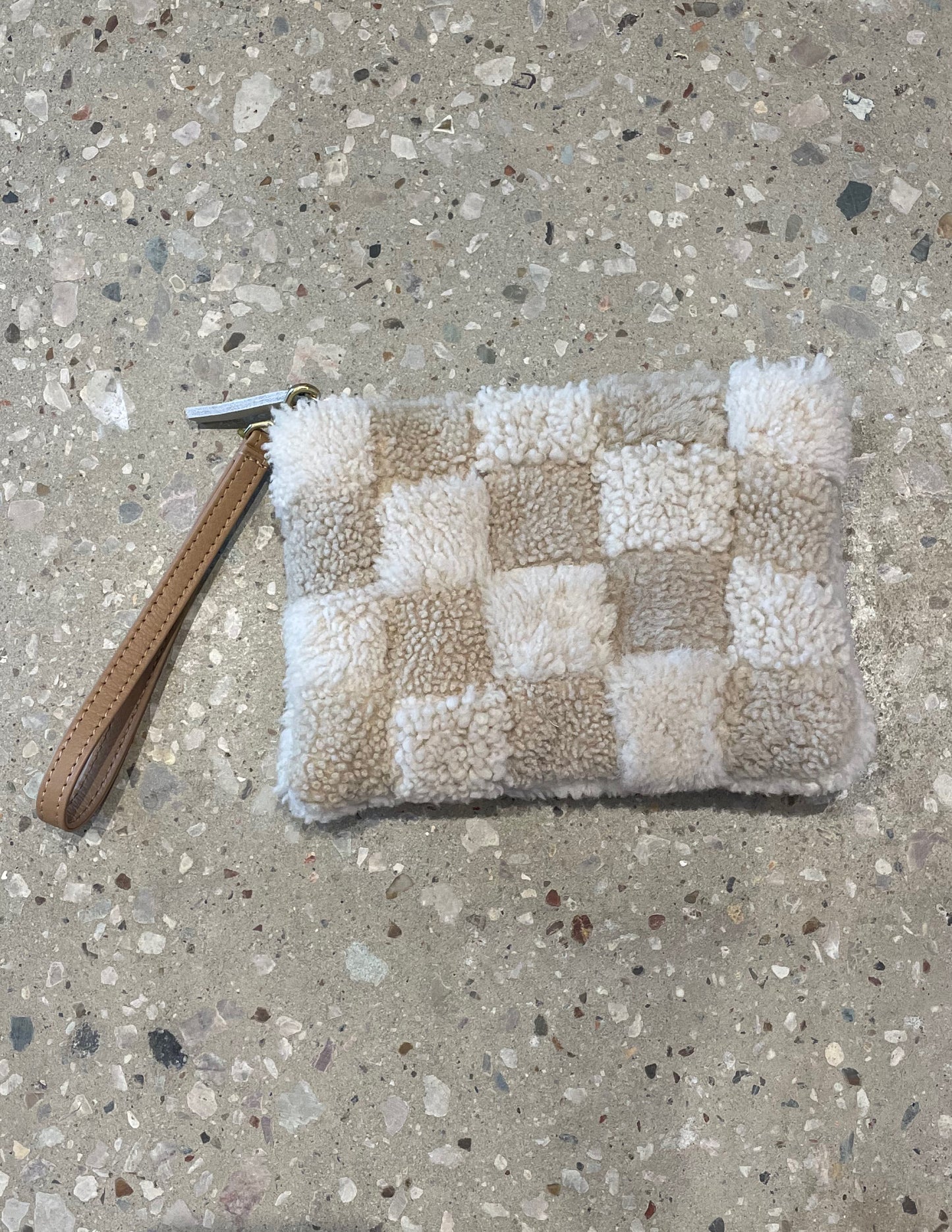 PRIMECUT BEIGE CHECKERED SHEARLING POUCH WRISTLET