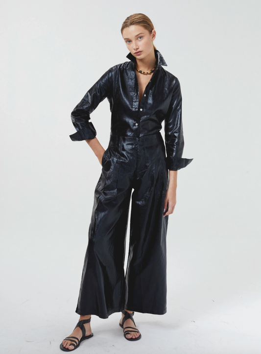 CULOTTE METALLIC LINEN PANTS IN BLACK